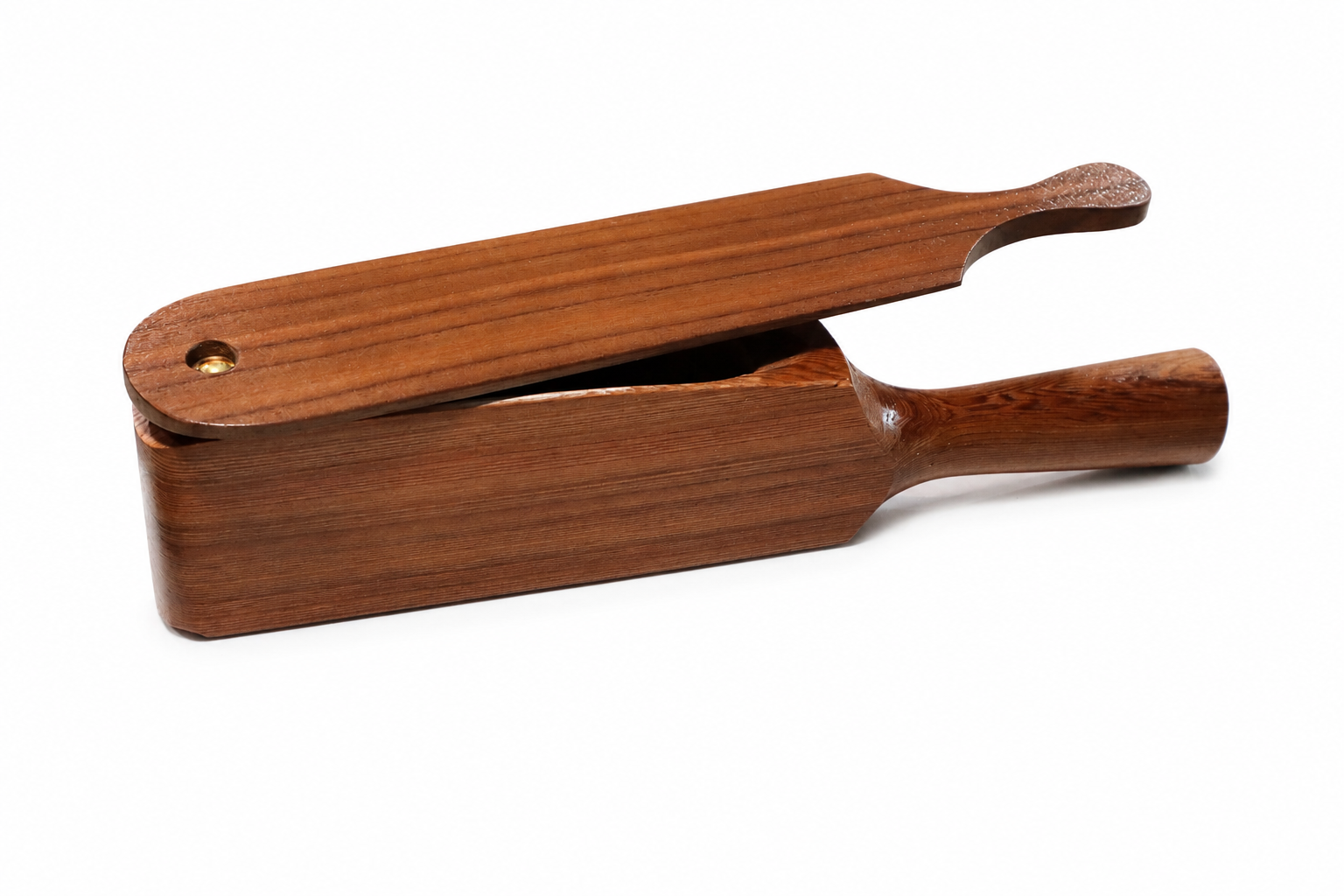 Handcrafted walnut box call, three-quarter view